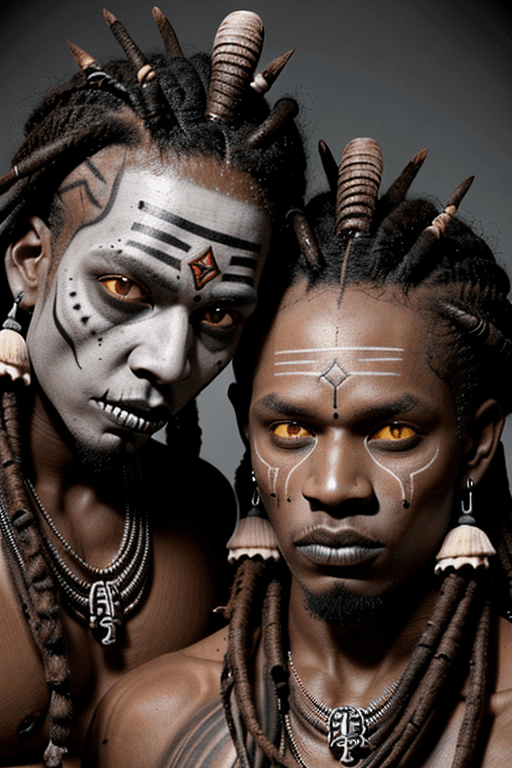 AI generated: Two male voodoo priests,  damballa, dark complexion, voodoo symbols on face, dark brown and white vo...