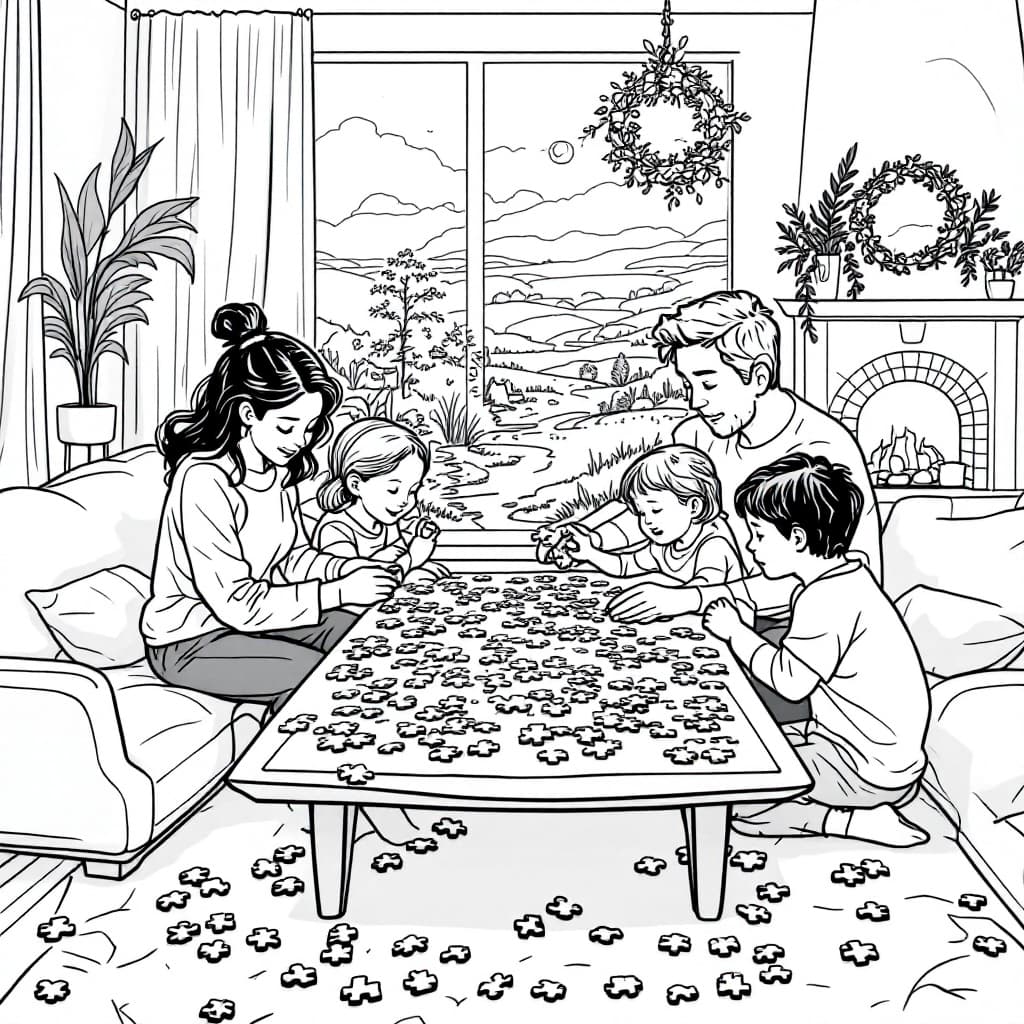 AI generated: High-resolution black-and-white line drawing of family doing a puzzle together: A warm living room s...