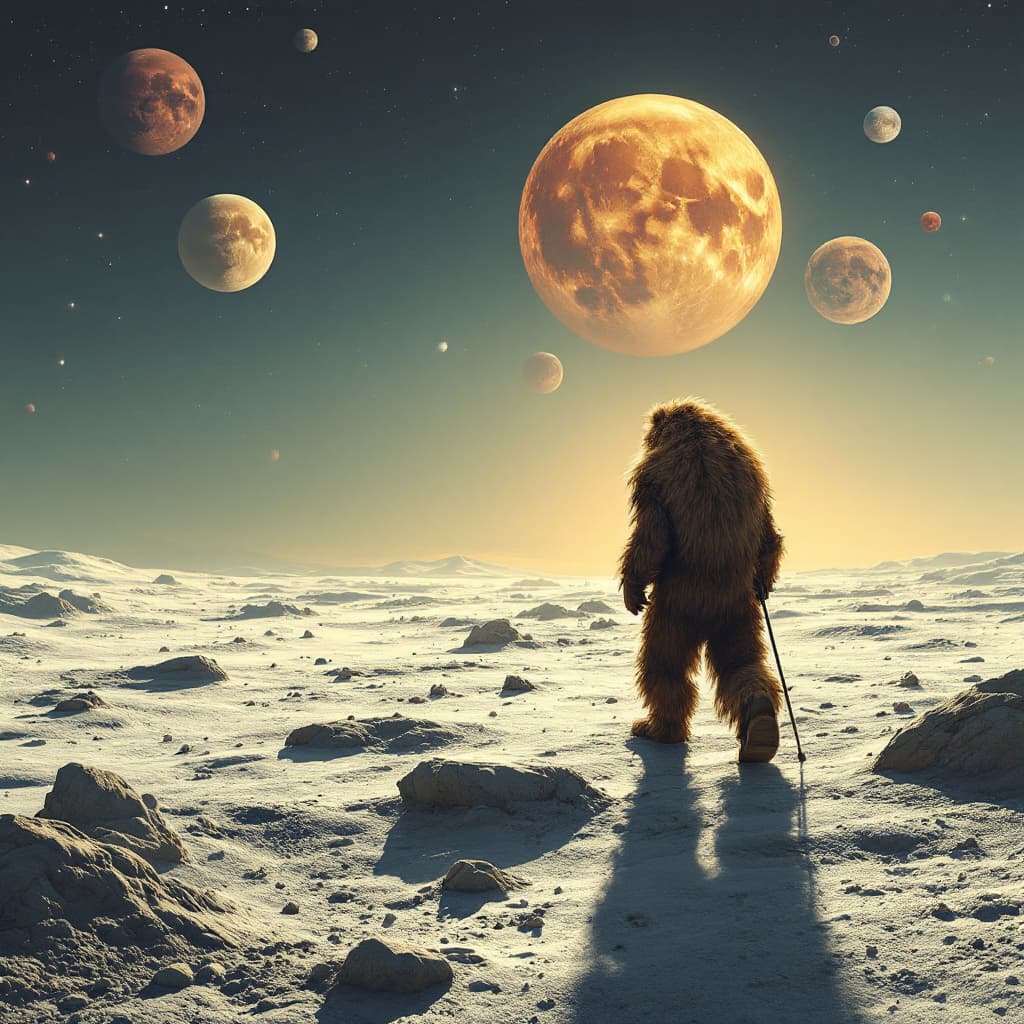 AI generated: A loin walking on moon and viewing all other planets