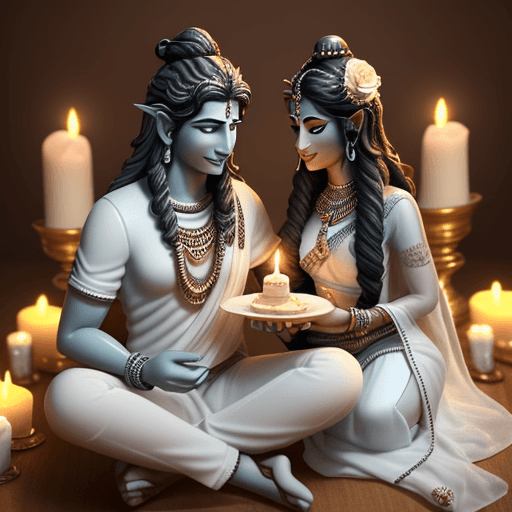 AI generated: Create a 3d illustration where Lord Shiva and Parvati are enjoying a romantic candle light dinner, h...