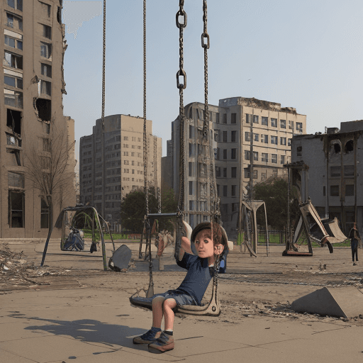 AI generated: art, Destroyed buildings, swing, child on the playground