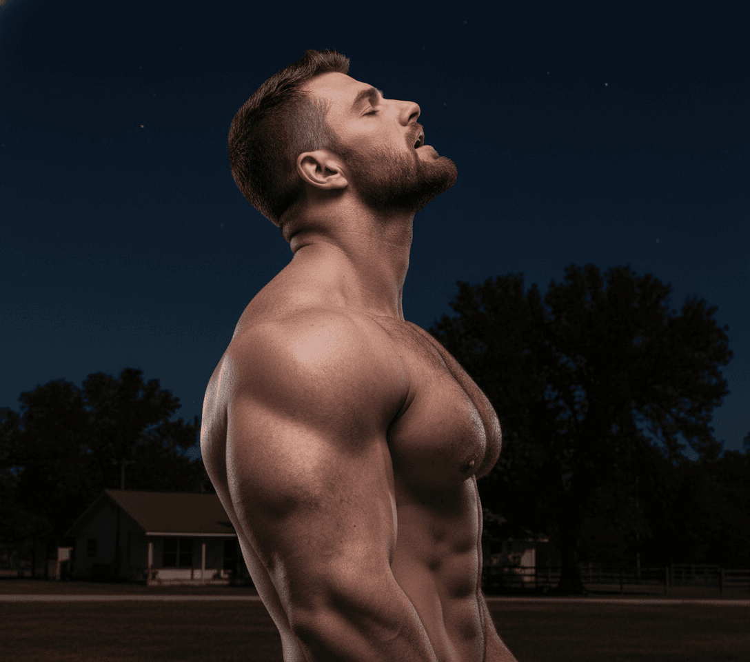 AI generated: His head and torso are on his profile side, he is looking upright to the sky, his head is up all the...