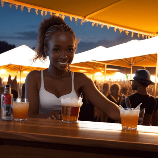 AI generated: a bar with woman serving drink at outdoor dance festival in new zelaand 