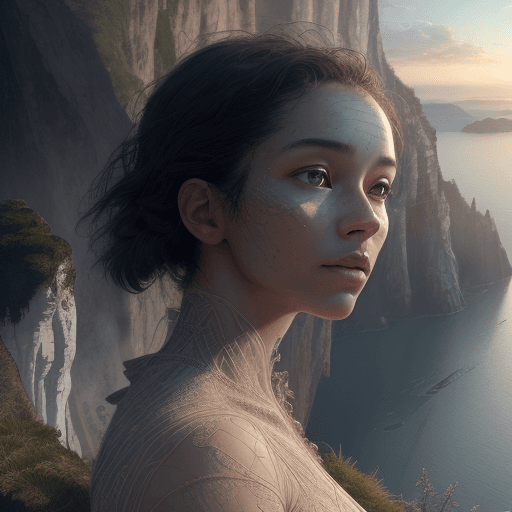 AI generated: A woman, visible face, detailed skin, skin texture, natural skin), woman on top of a cliff, where sh...