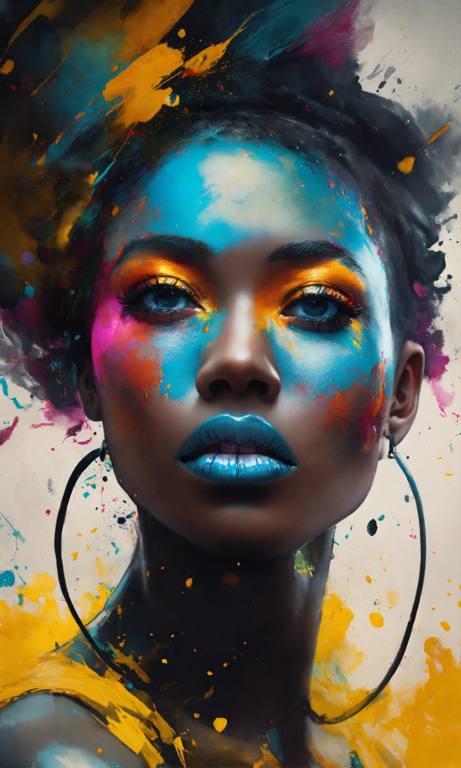 AI generated: The image is a portrait of a young woman's face and upper body. She has a bold and striking expressi...