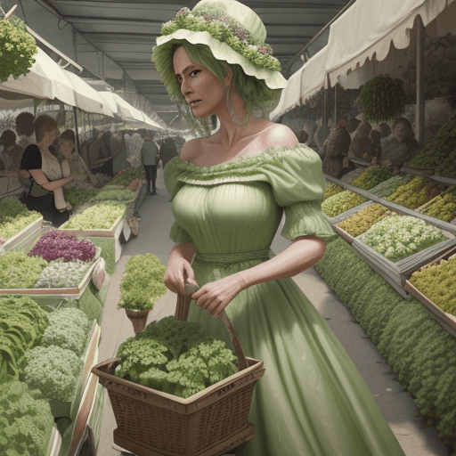 AI generated: Photo of a ultra realistic 40 yo woman wearing a light green extravagant dress and choosing lettuces...