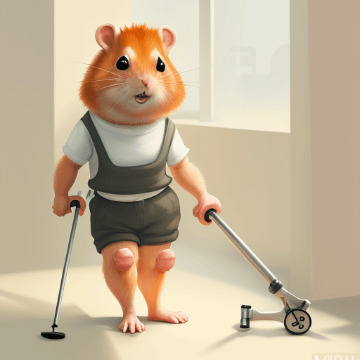 AI generated: ginger hamster 
with its leg in a cast using a pair of crutches.
warm lighting, happy mood. warm ton...