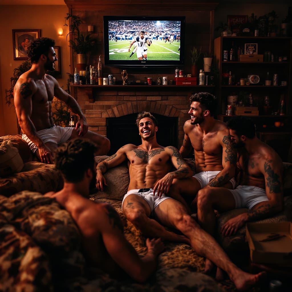 AI generated: Gay Frat house, beer cans, pizza boxes, big screen TV with football game on, hot sexy shirtless frat...