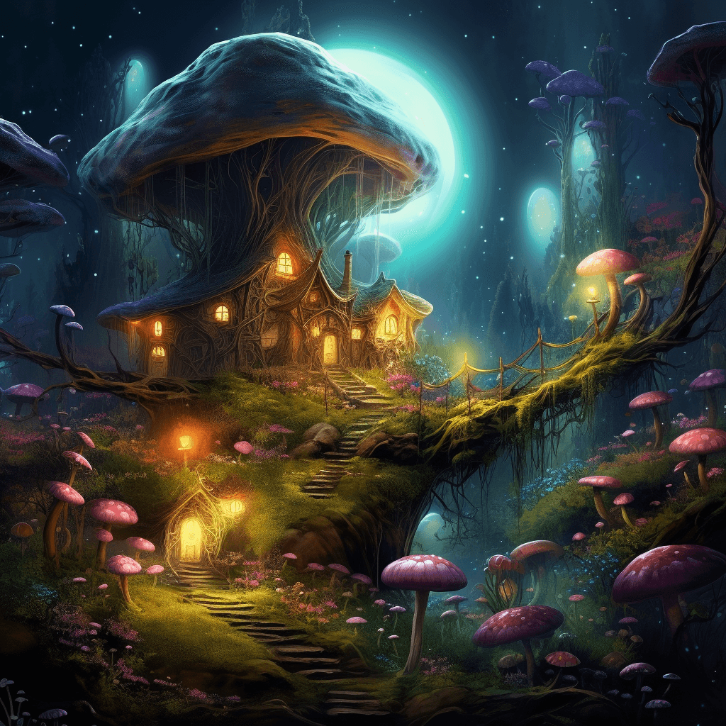 AI generated: A fairy Forest with colorful glowing fairys and plants, detailed, 3d fractals, light particles, wate...