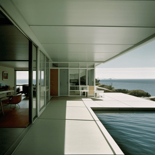 AI generated: Hyper realistic eye level exterior photo of a mid century modern style house overlooking the ocean, ...
