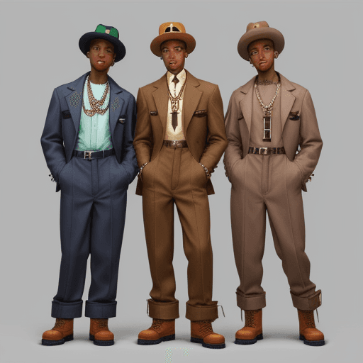 AI generated: Henry from Zoot Suit in color brown baggy zoot suit with cross chain around neck with a pair of timb...