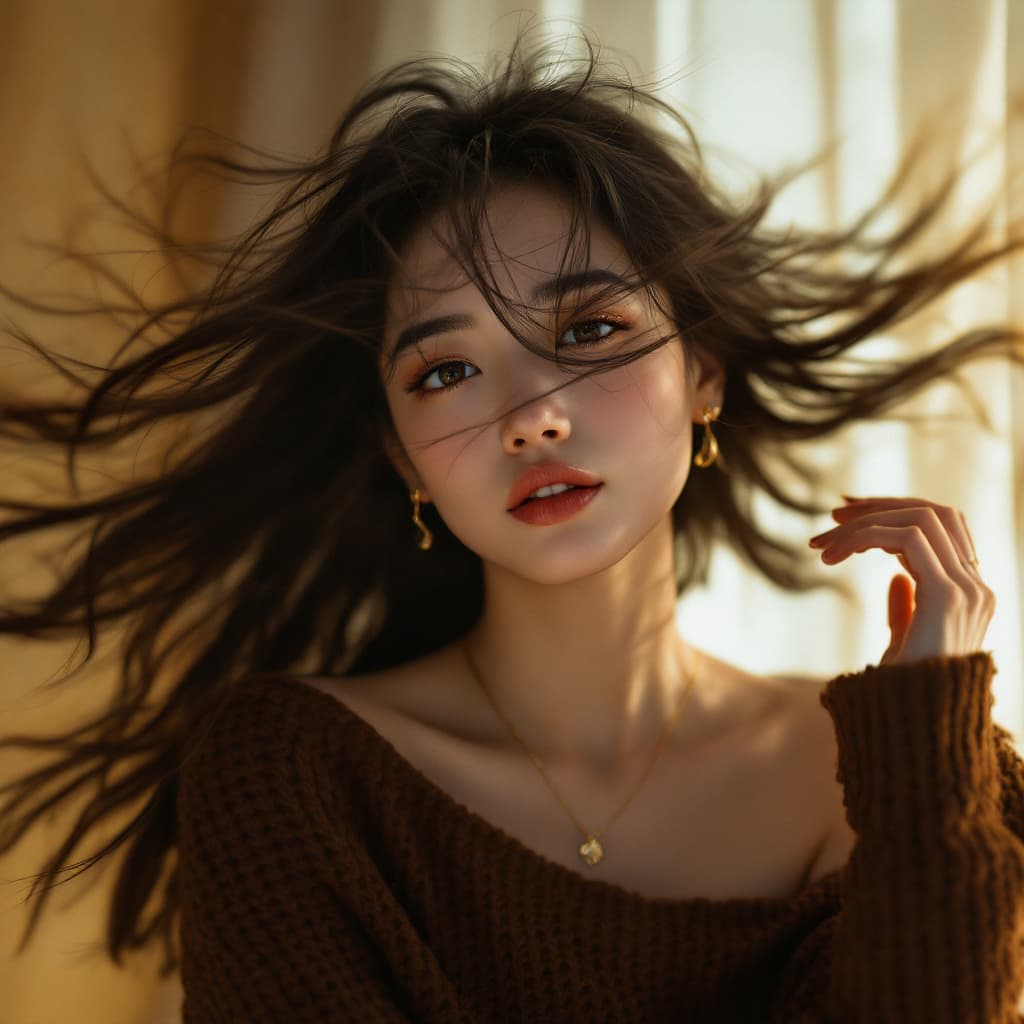 AI generated:  In high definition, surreal, psychedelic, and trippy An Asian woman with hair blowing in the wind, ...