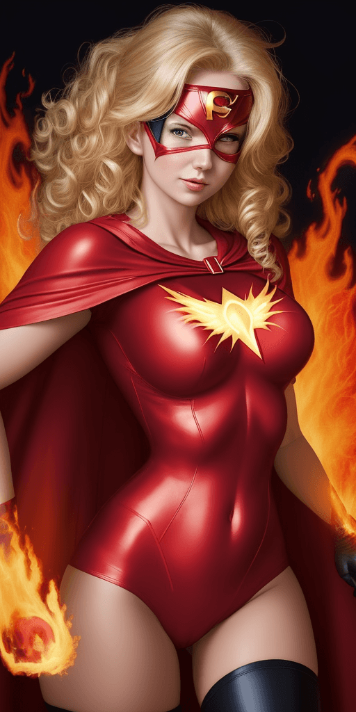 AI generated: 
magmatica Superhero, nurse. woman, surrounded by fire, nursing clothes, blonde curly hair. Whole bo...
