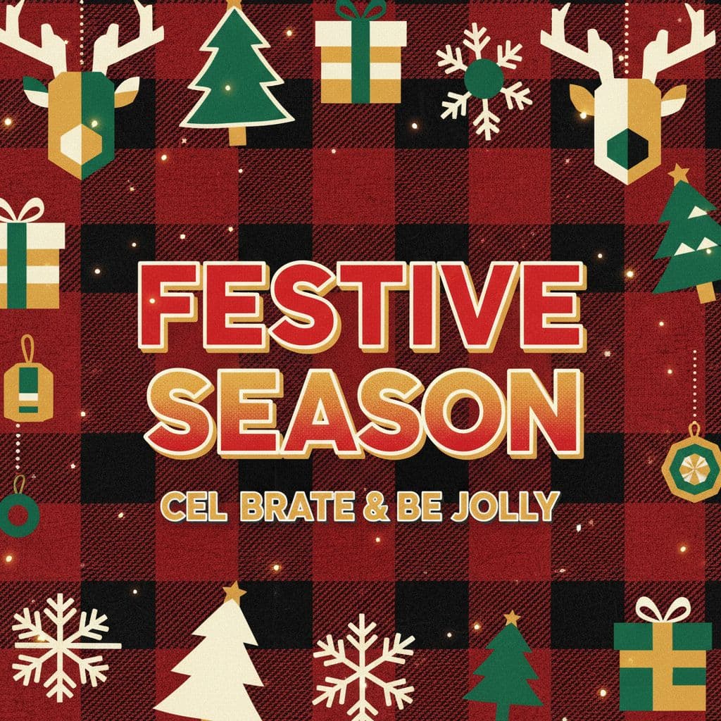 AI generated: Red tartan background with ornaments,in Montserrat Bold, festive block style.