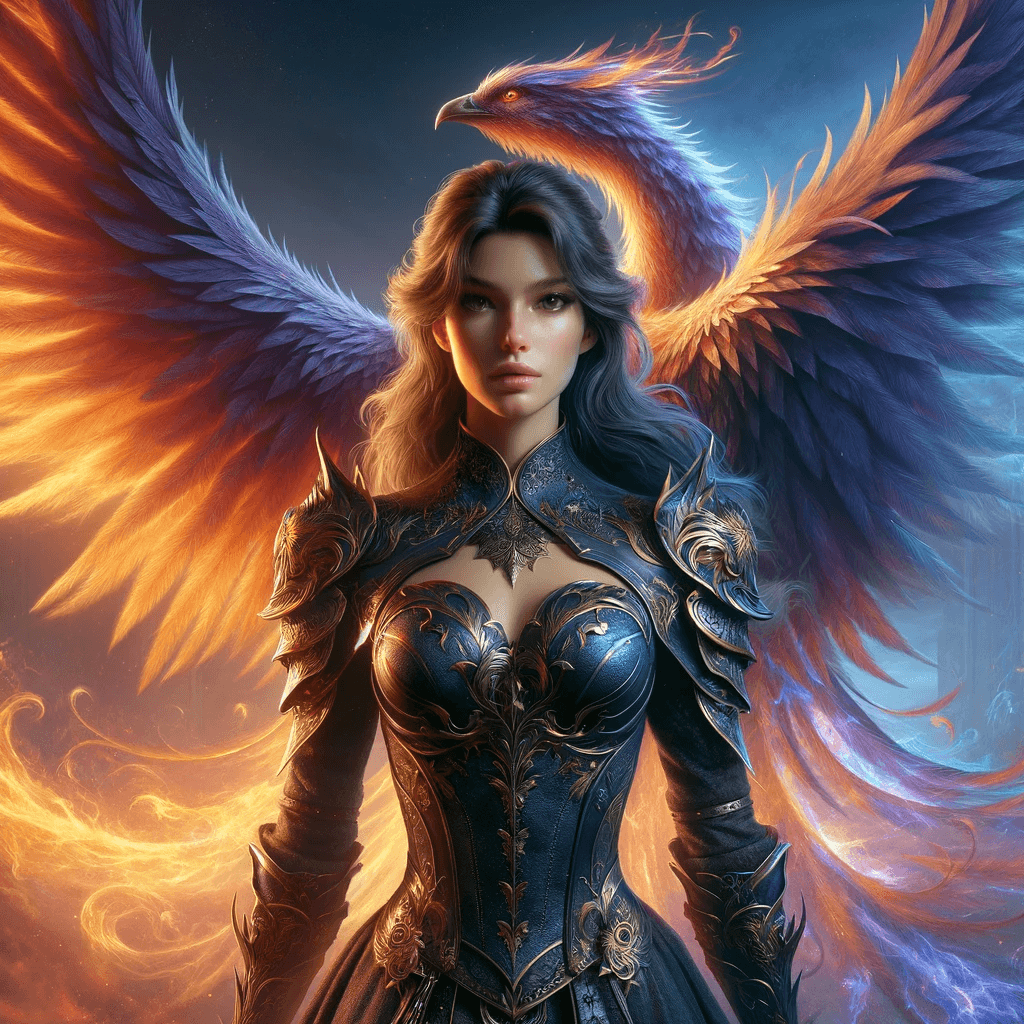 AI generated: A hyper-realistic portrait of a female warrior standing confidently with the backdrop of a majestic ...