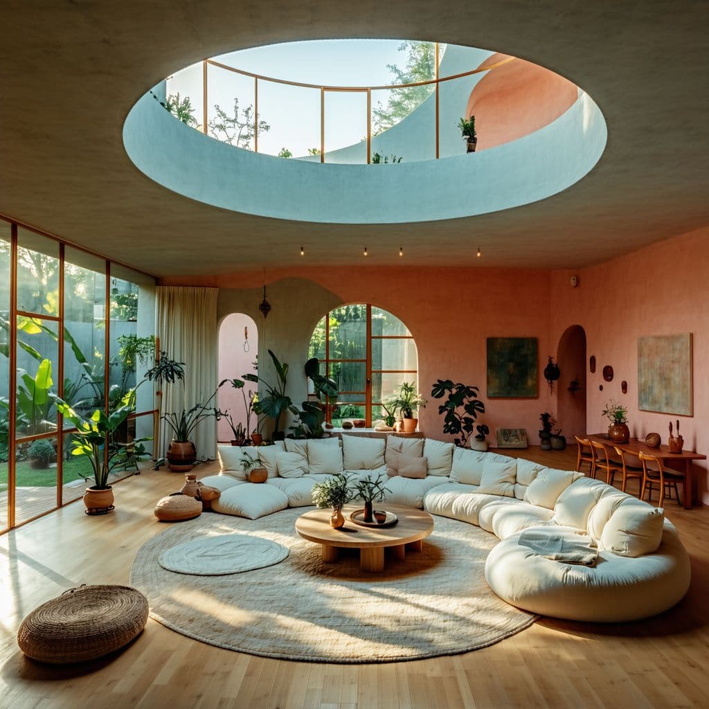 AI generated: High resolution photography interior design, dreamy sunken living room conversation pit, wooden floo...
