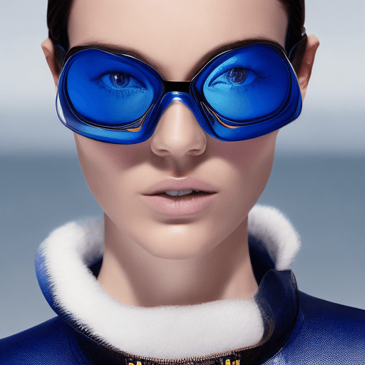 AI generated: Fashion shoot, Jacquemus and Moncler collaboration: dark blue translucent futuristic sunglasses, hyp...
