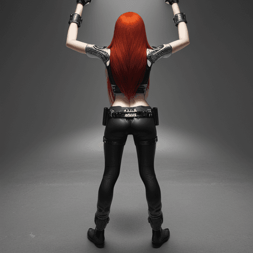 AI generated: Woman with long, straight, red hair wearing metal police handcuffs behind her back her hands are beh...