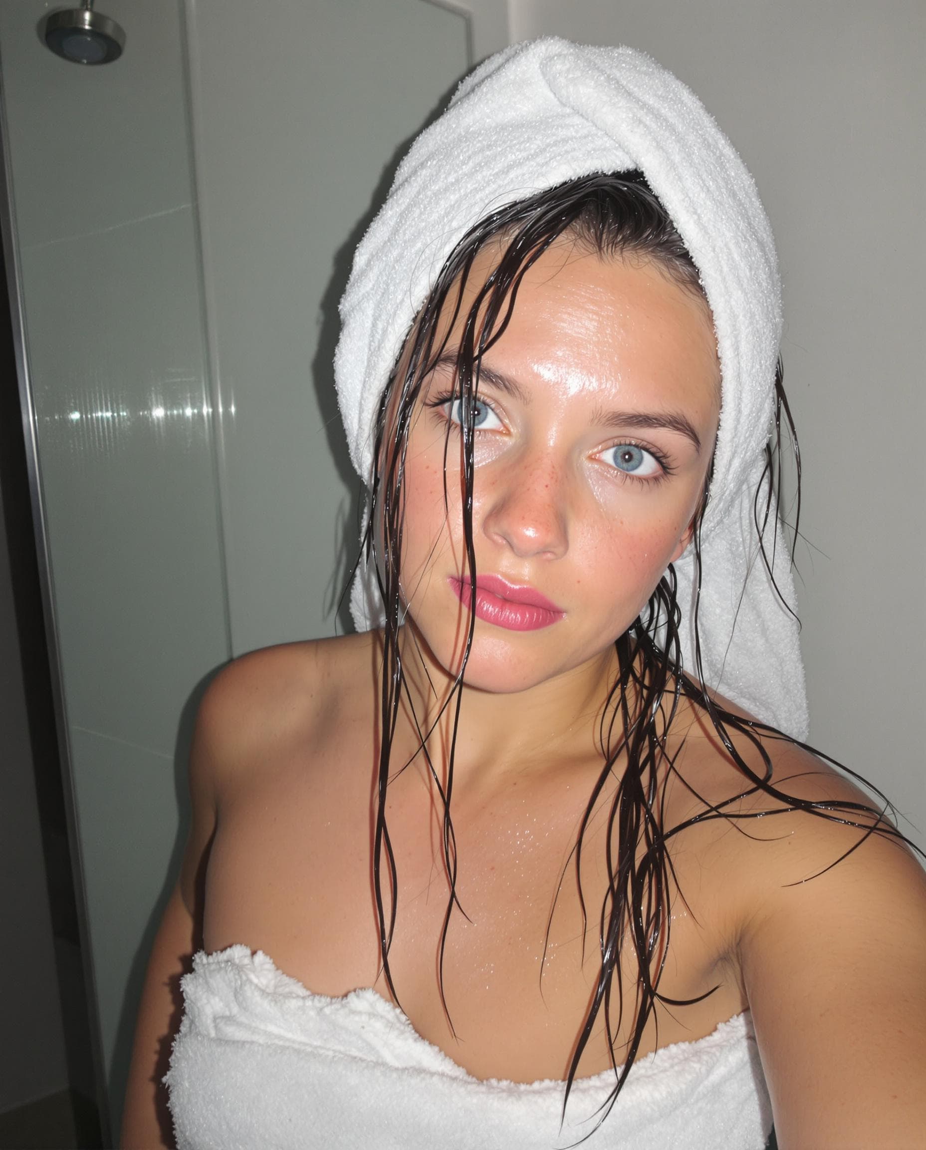 AI generated: low quality phone photo, snapchat, front shot, upper body, 25 year old girl, in the bathroom, just o...