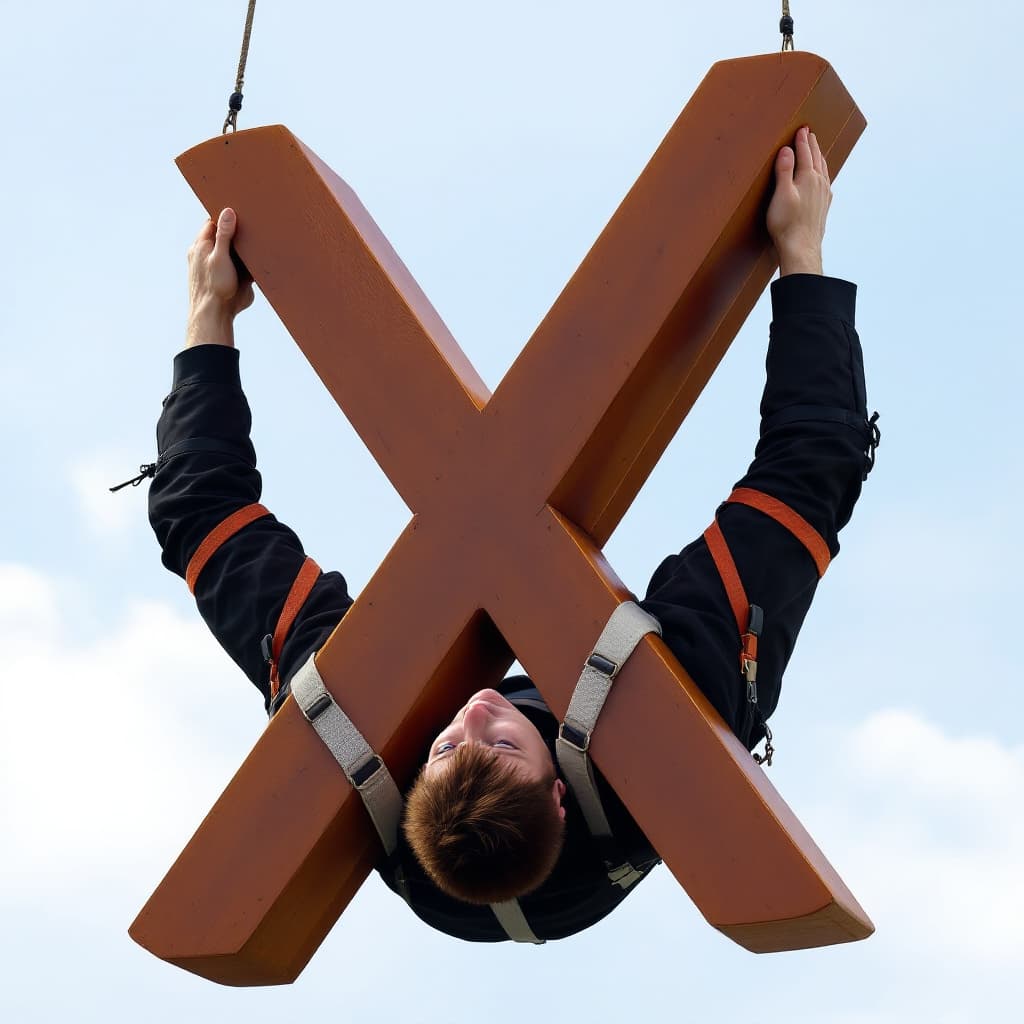 AI generated: Elon Musk, arms and legs in an X , tied to a big wooden letter X, suspended in the air