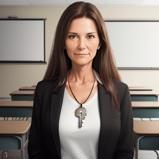 AI generated: Generate a realistic portrait of a mature high school teacher who is female with long, brown hair an...