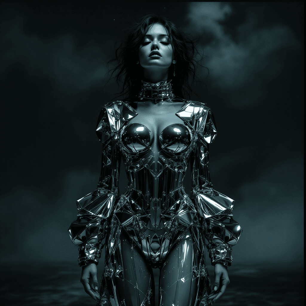 AI generated: Surreal, full body image of a woman, her outfit a series of shifting mirrors, reflecting different a...