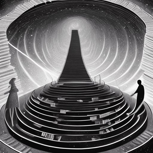 AI generated: A dreamy illustration of an infinite staircase leading to the universe, with books and characters on...