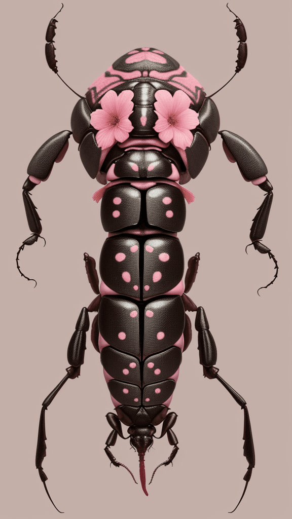 AI generated: floral beetle wearing a (long:1.2) pink (scarf:1.3), a beetle with arms and a head, (dark shot:1.17)...