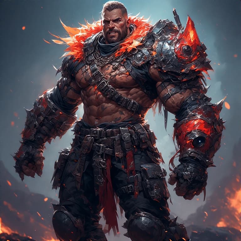 AI generated: A brave, muscular, punkish warrior with shaggy hair and tattoos chronicling his exploits. He holds a...