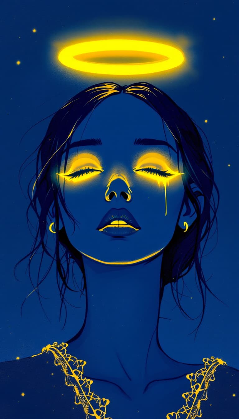 AI generated: a blue girl with gold angel halo head, in the style of neon realism, darkly romantic illustrations, ...