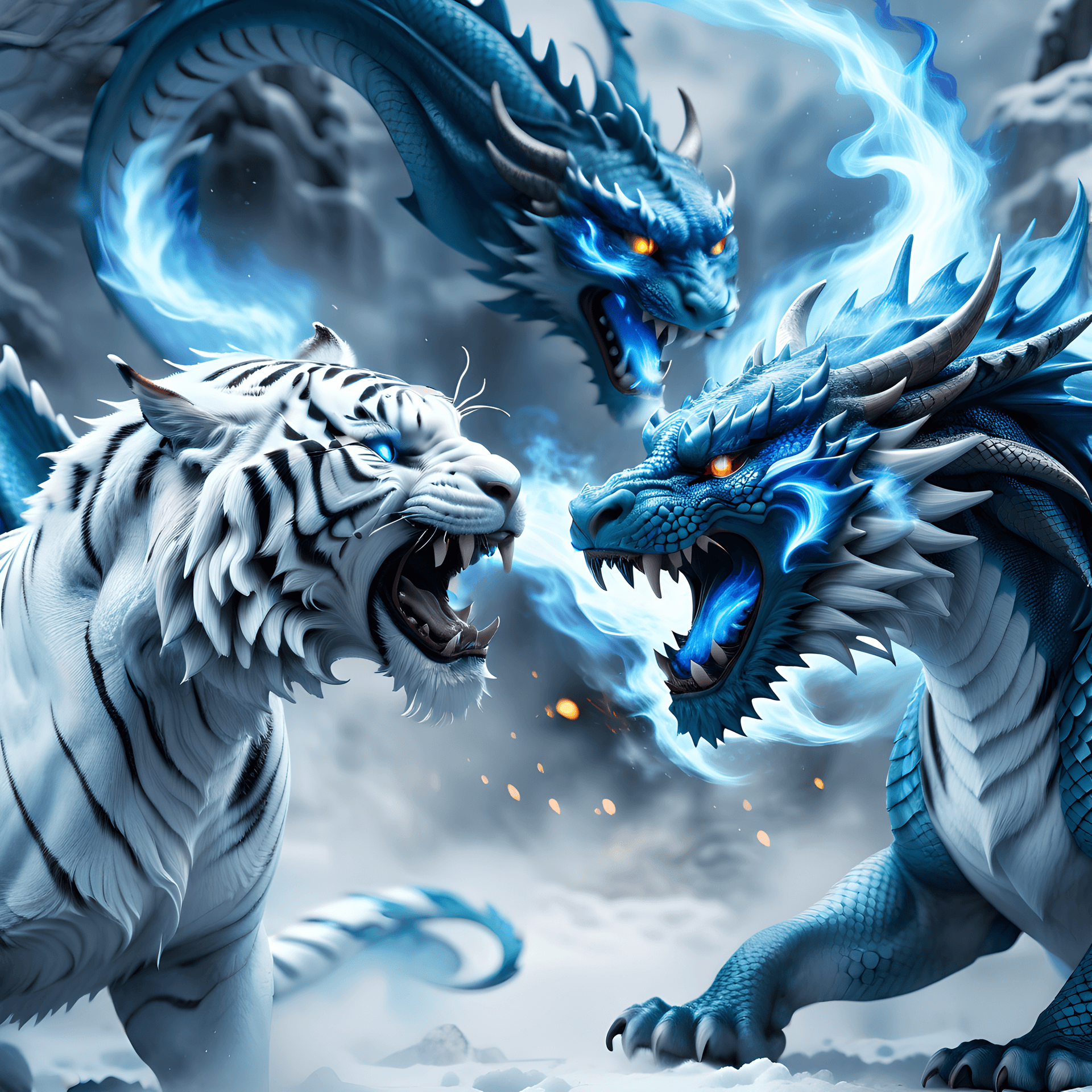 AI generated: snowy winter, (white tigers:1) and (blue dragons:1.4) fighting each other, Blue dragon spits blue fi...