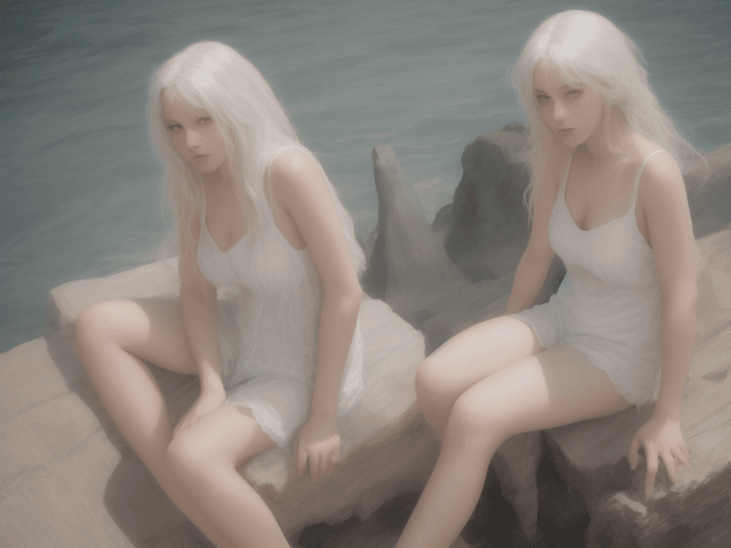 AI generated: photograph of a beautiful European woman, long ash-white hair, freckles, light-blue eyes, sitting on...