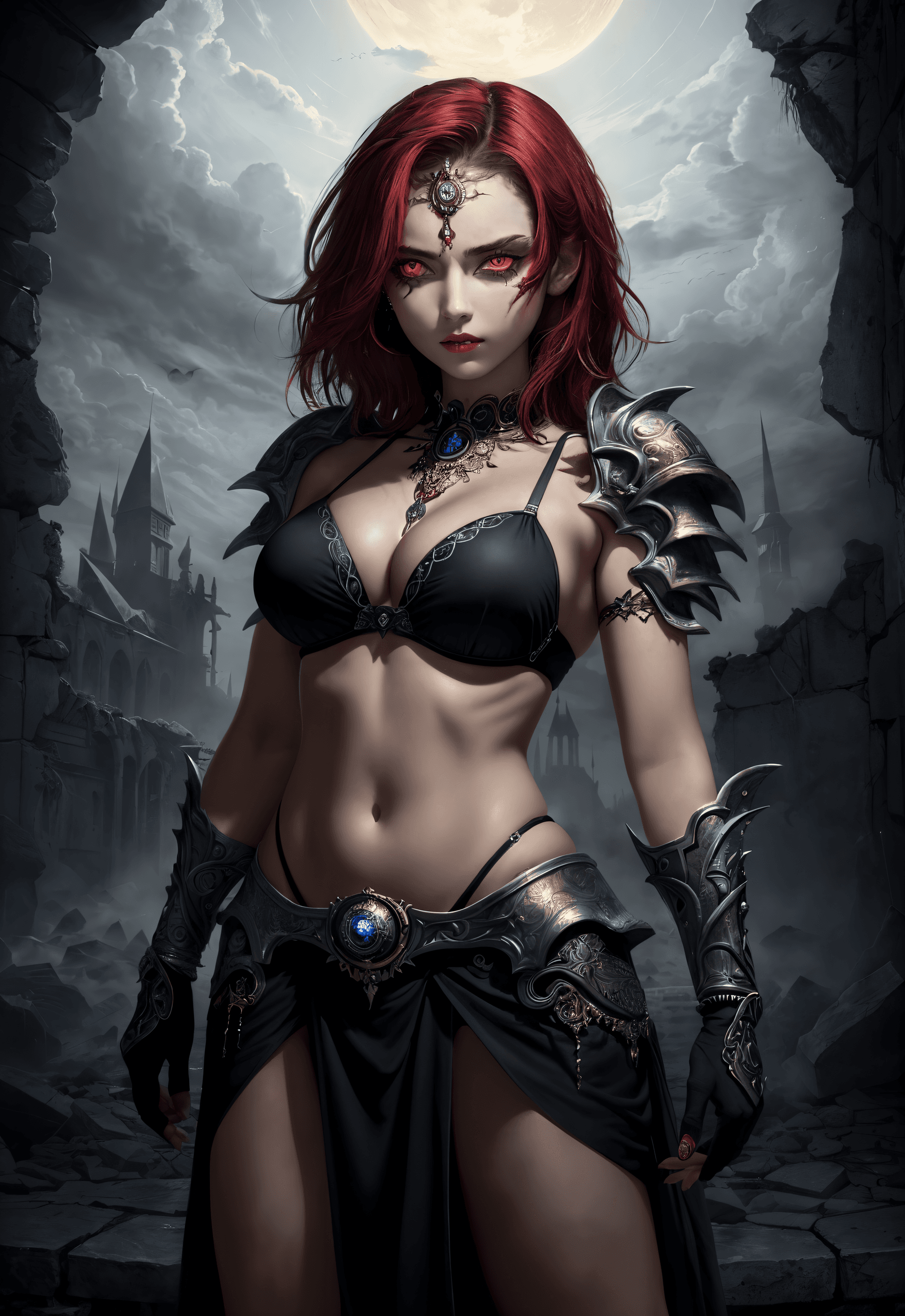 AI generated: (masterpiece of highest quality:1.3) , dark fantasy theme, night, ruin, (1girl with three eyes), (de...