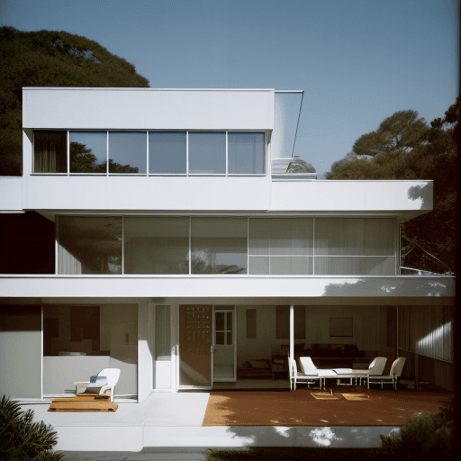 AI generated: Hyper realistic eye level exterior photo of a mid century modern style house overlooking the ocean, ...