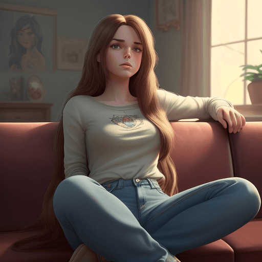 AI generated: a woman, with long hair in jeans, sitting on a couch, in the style of cartoon realism, i can't belie...