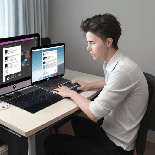 AI generated: a young guy sitting at a computer. Its partially hidden, mysterious effect. Popular social media suc...