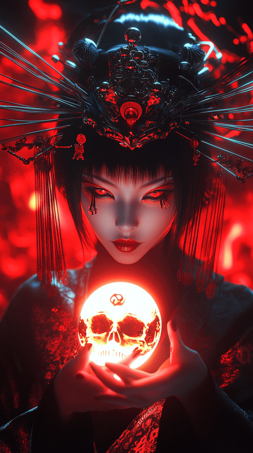 AI generated: 3D rendering, face close-up, CG high model, Enigmatic [goth cyberpunk geisha queen] wearing luminous...