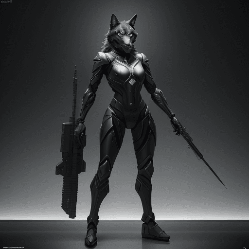 AI generated: Agile black wolf soldier character, anthropomorphic figure, wearing futuristic soldier armor and wea...