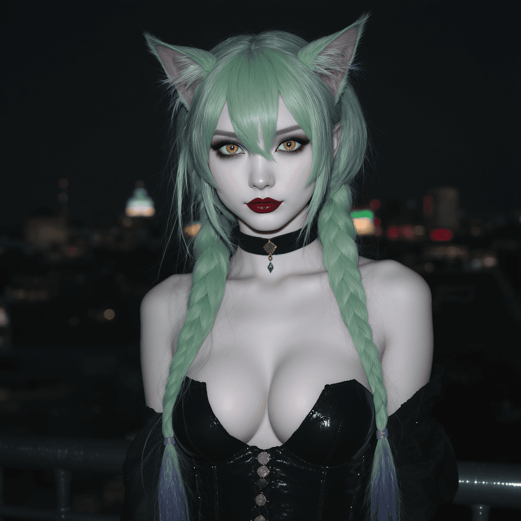 AI generated: Stunning catgirls with delicate, ethereal beauty,  has long, flowing green hair with purple fringes....