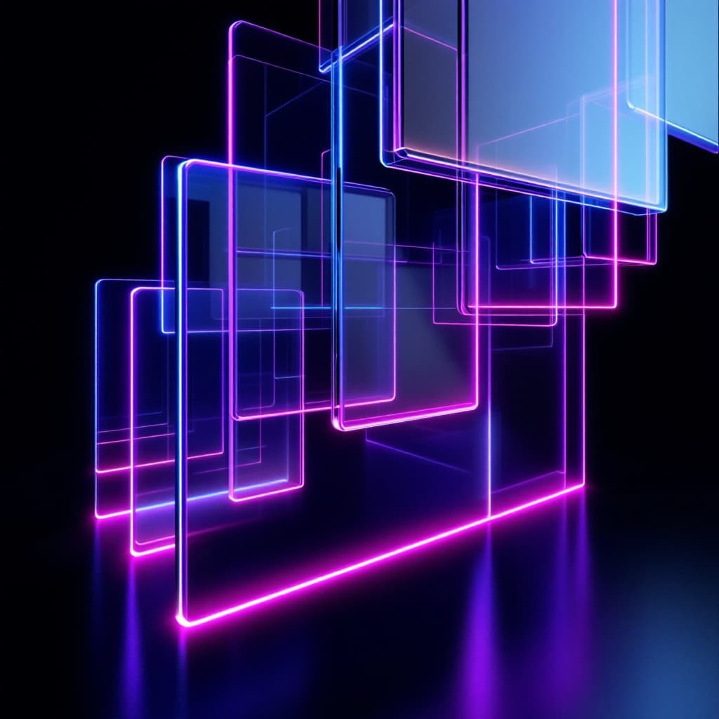 AI generated: A futuristic, abstract composition featuring multiple transparent glass-like panels arranged in a ca...