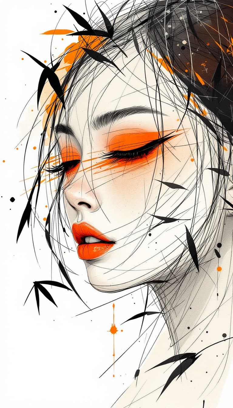 AI generated: A minimalist drawing captures the essence of a Japanese woman's face with red eyeshadow, rendered in...