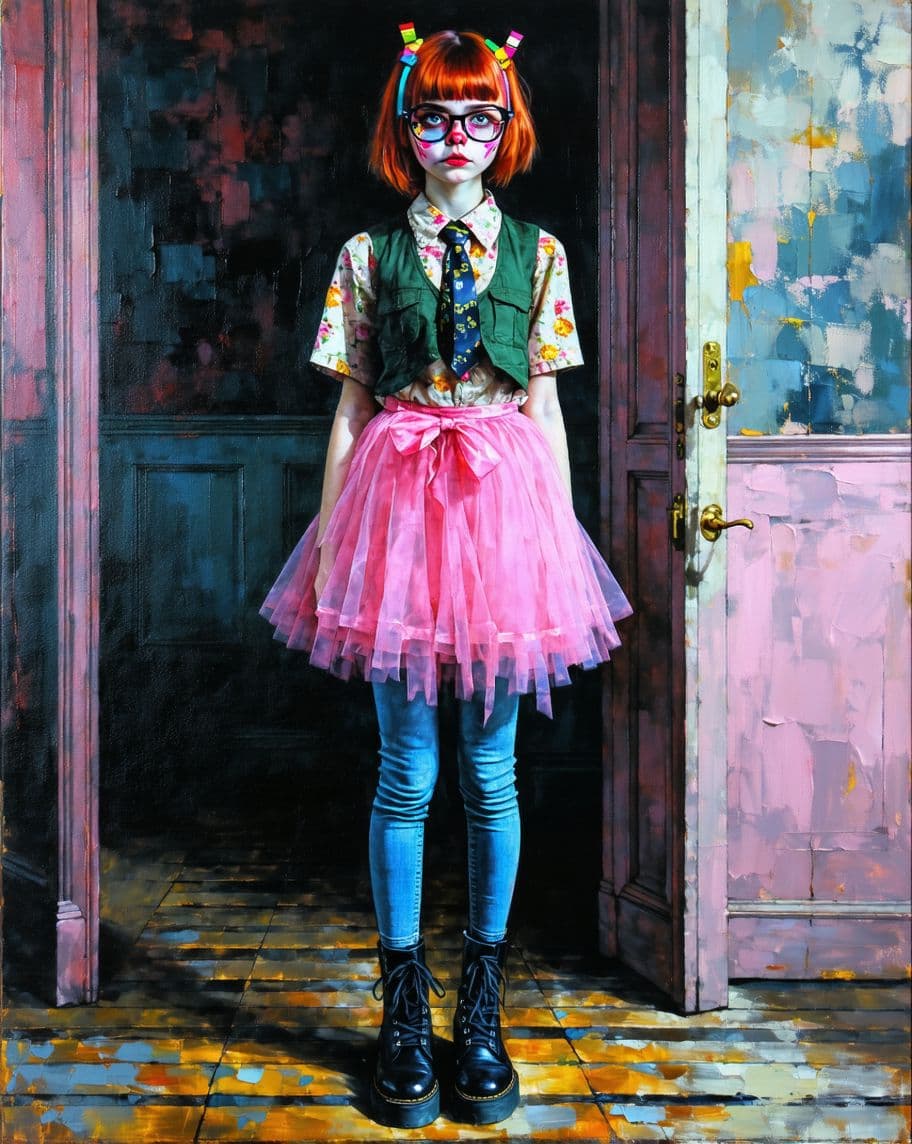 AI generated: Very precise and beautiful oil painting of a capricious girl in full body, with large black glasses ...
