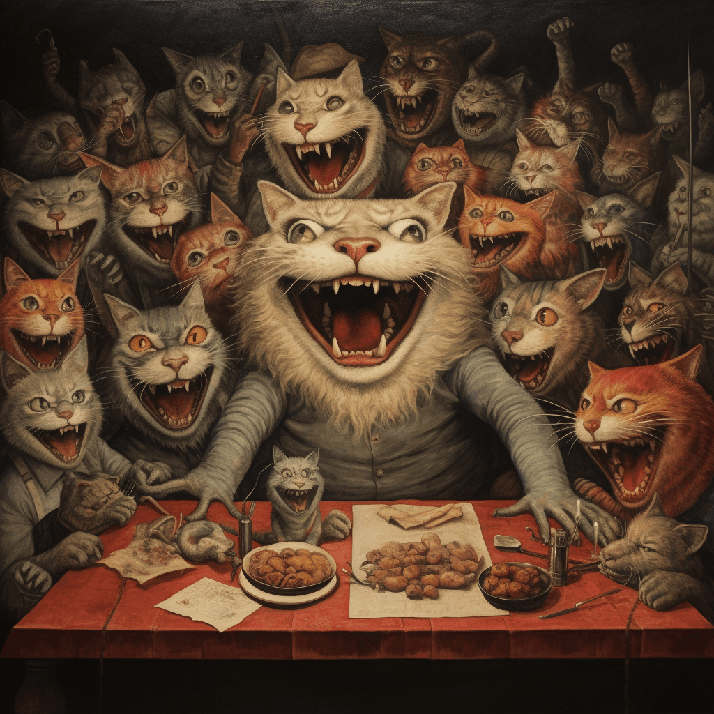 AI generated: A painting of an open mouth with sharp teeth holding a red party table full of people in the style o...