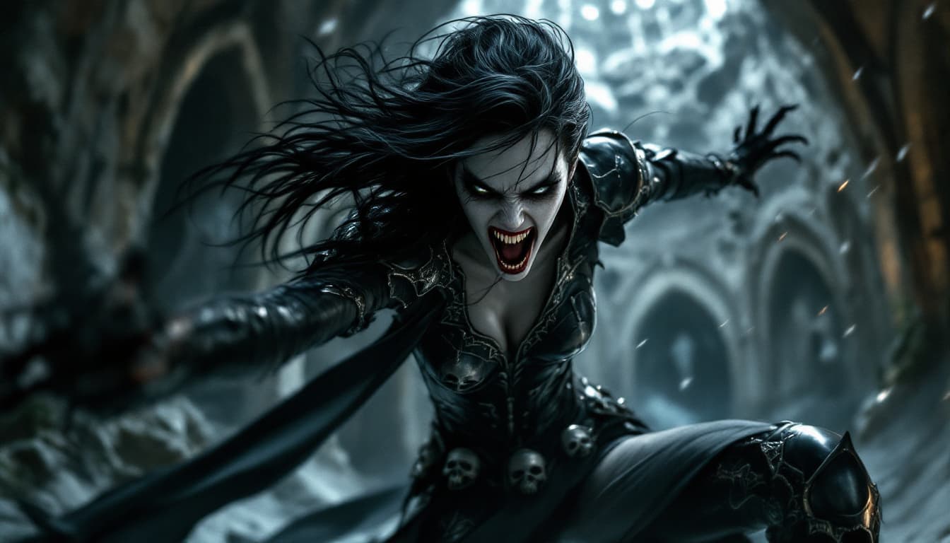 AI generated: In the haunting depths of a crypt, a female vampire launches forward in a terrifying attack, embodyi...