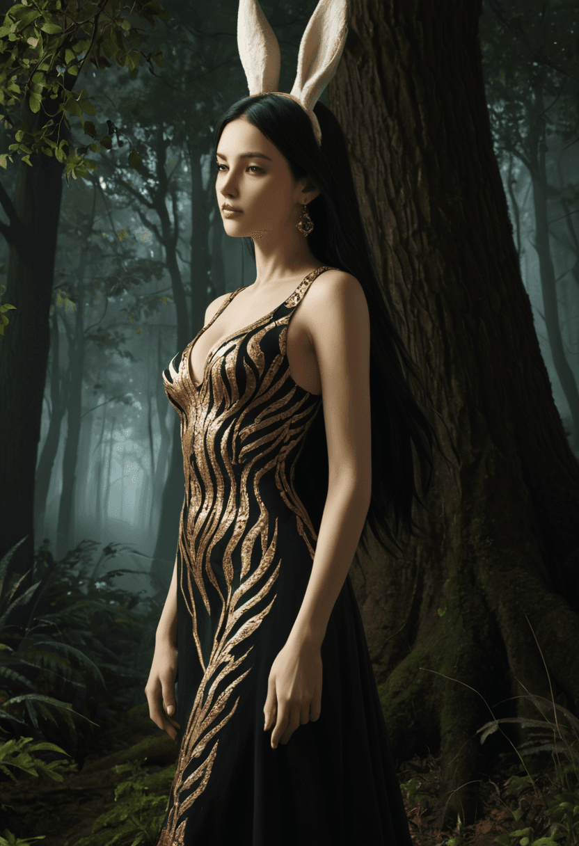 AI generated: Advertising poster style A surreal oil painting of a Viera woman from Final Fantasy,capturing her et...