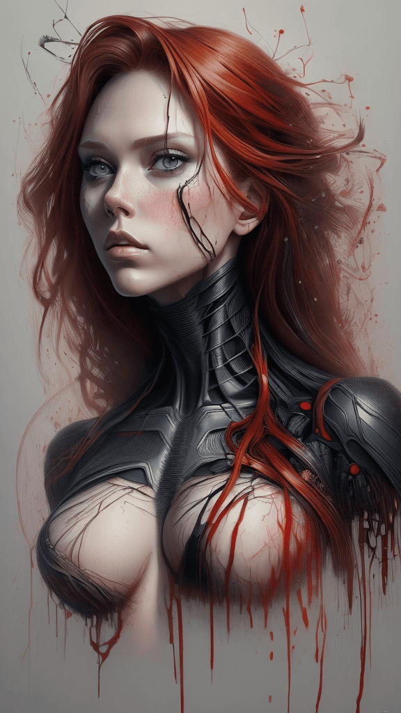 AI generated: Art by Carne Griffiths, Black Widow, perfect face, perfect body, Knitting clothes, perfect digital p...