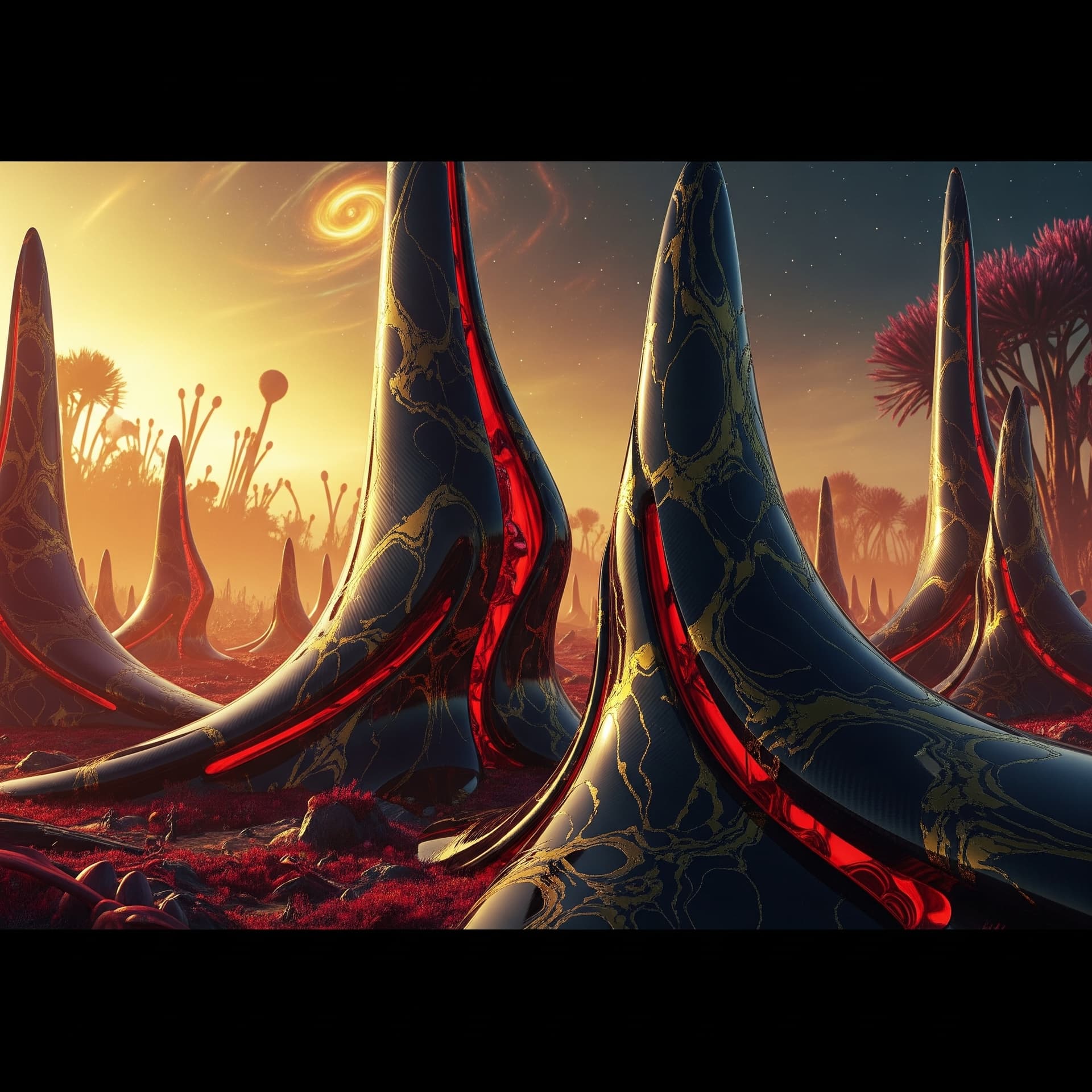 AI generated: A wide-angle, hyper-realistic view of an alien landscape dominated by colossal, organically shaped s...