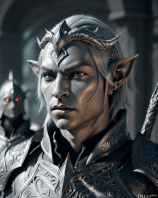 AI generated: photorealistic close-up portrait male drow elf. handsome warrior, magic aura!!!, onyx skin!, strong ...