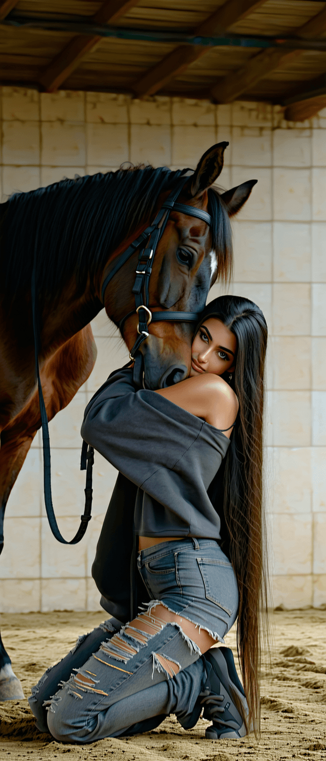 AI generated: full body view of a beautiful and cute Indian girl hugging a horse that is on top of her while kneel...