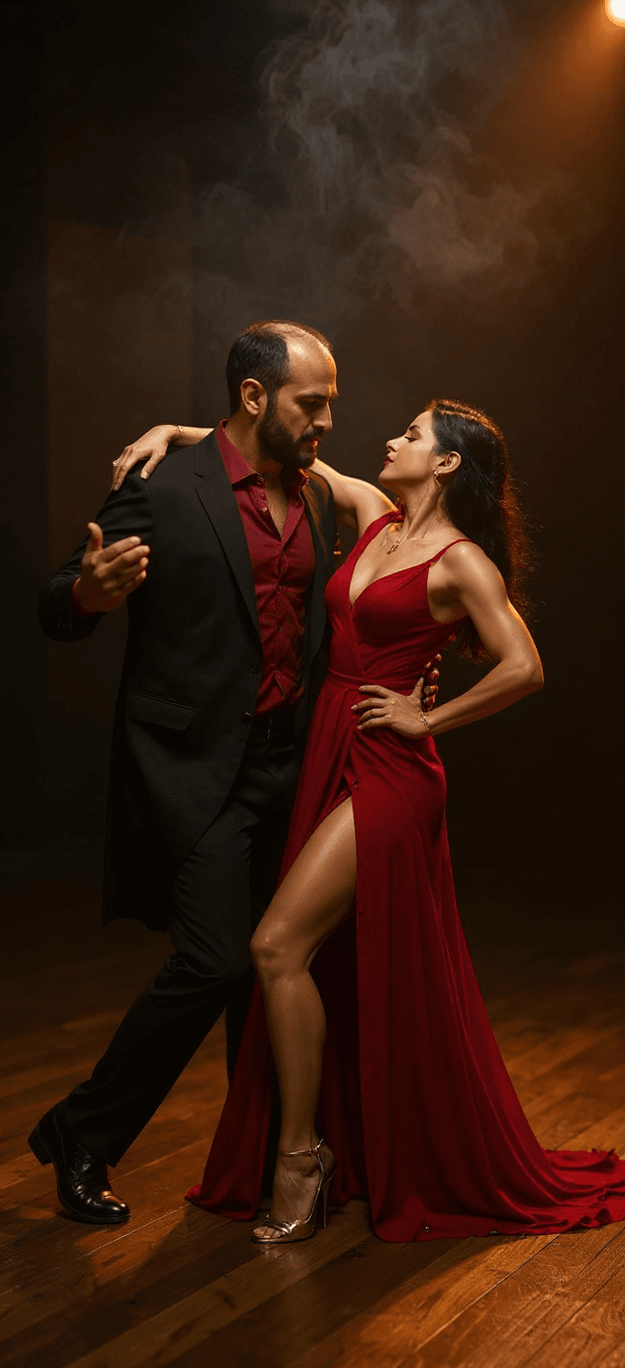 AI generated: A passionate Argentine tango couple in a dramatic dance position. The man wears a sharp black suit w...
